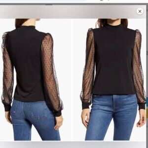 Halogen Black Mock Neck Top Sheer Polka Dot Mesh Sleeves Size M